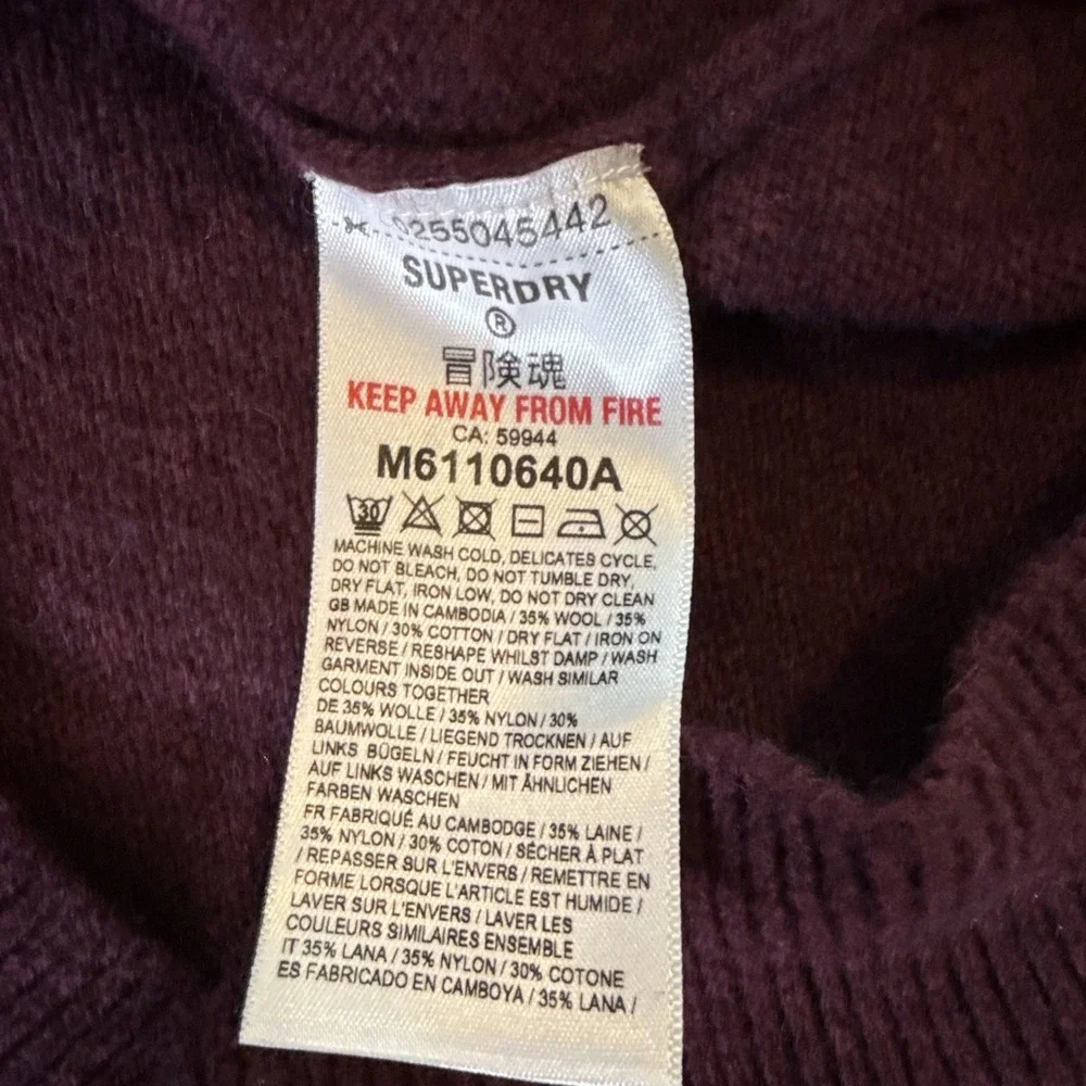 Superdry Mens 1/4 Zip Knit Sweater Pullover Wool Blend Maroon Size M